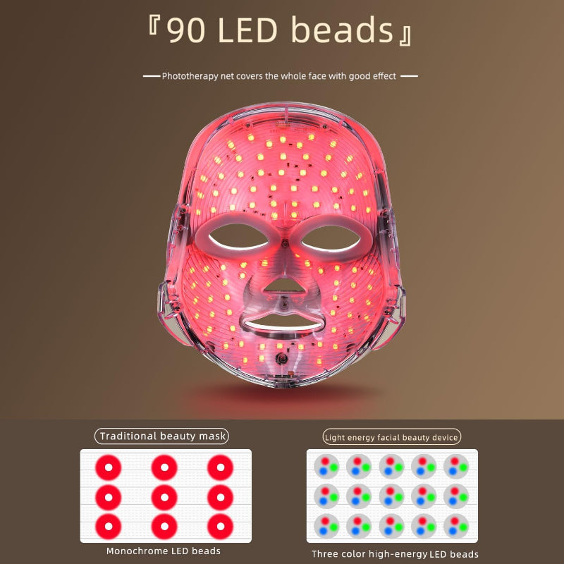 LED face mask with 90 LED beads on a brown background